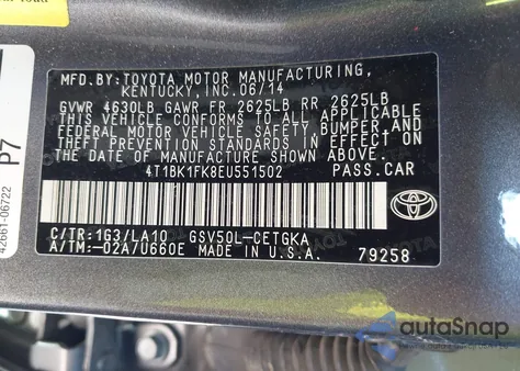 2014 Toyota Camry Xle V6 из США, поврежденный, VIN 4T1BK1FK8EU551502